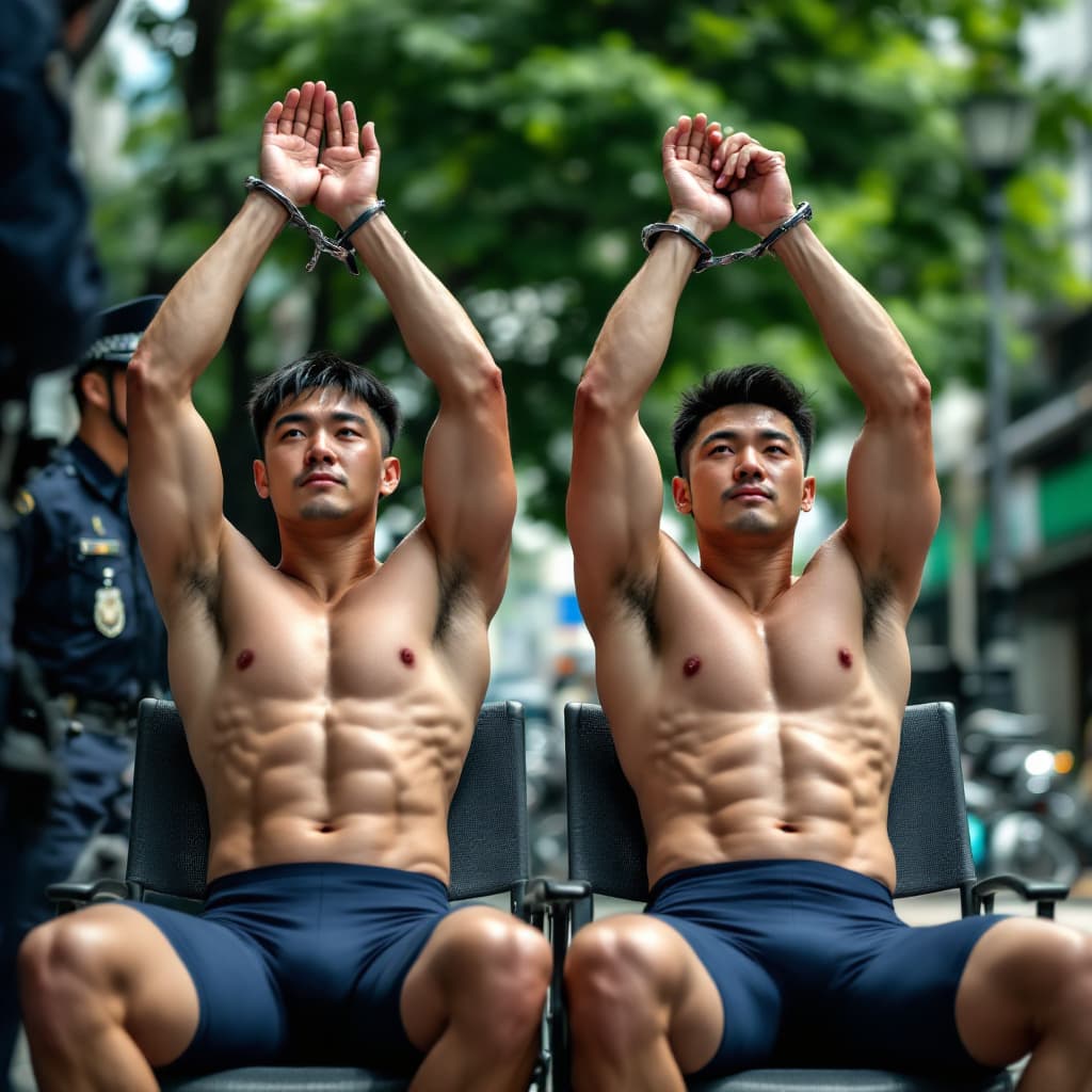 AI generated: Two male Chinese criminals strong  wearing compressive cycling shorts in light navy color in day tim...