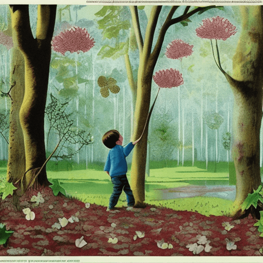 AI generated: a boy found a clover petal in the forest, beautiful surroundings, AD magazine, Frank Lloyd, Eames, M...