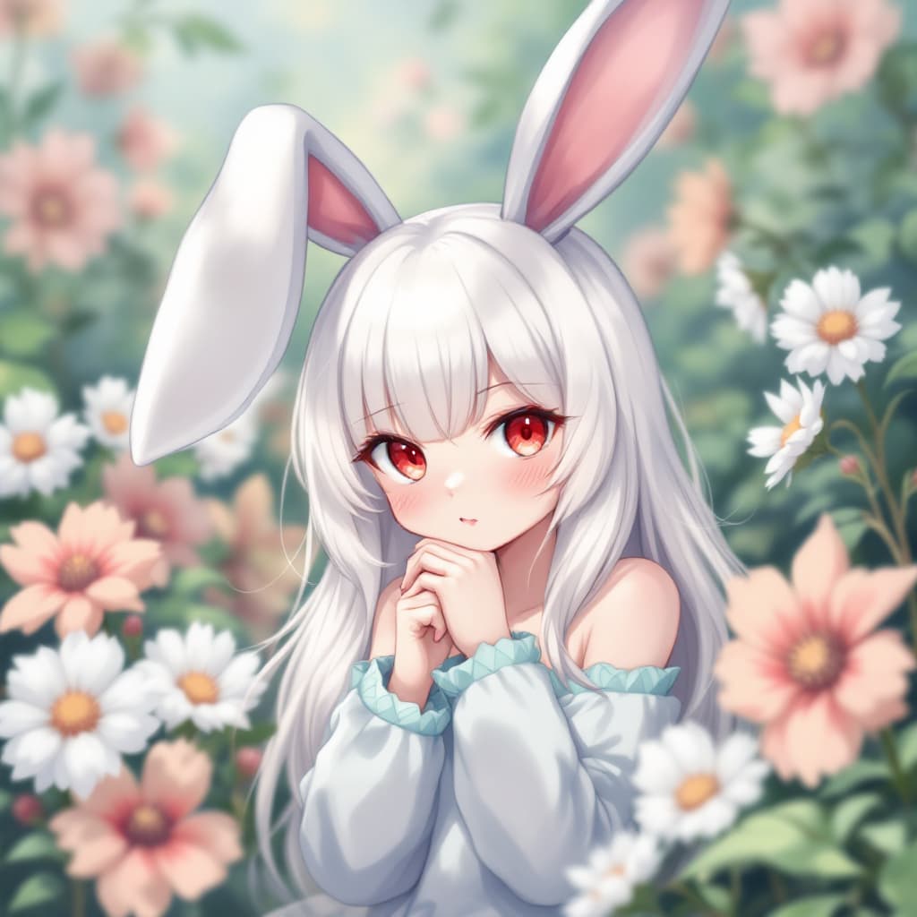 AI generated: rabbit human girl, white long ears, blue hair, red eye, cute, background flowers, anime style 
