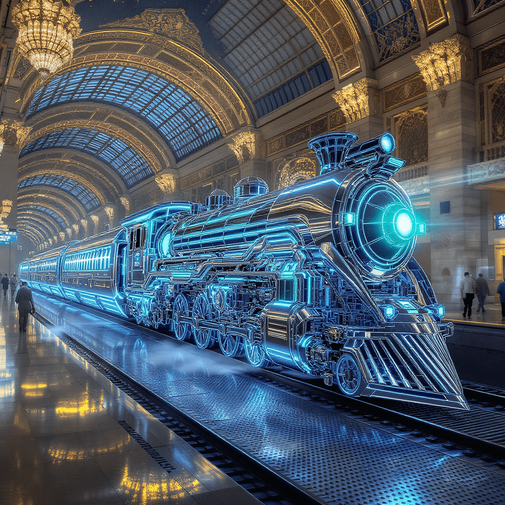 AI generated: A sleek, silver and blue, Streamline Moderne futuristic  mechatronic locomotive,  fully transparent ...