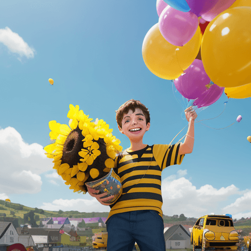 AI generated: cute, adorable, a young boy bumblebee with a huge smile holding a bunch of colorful balloons, iSetti...