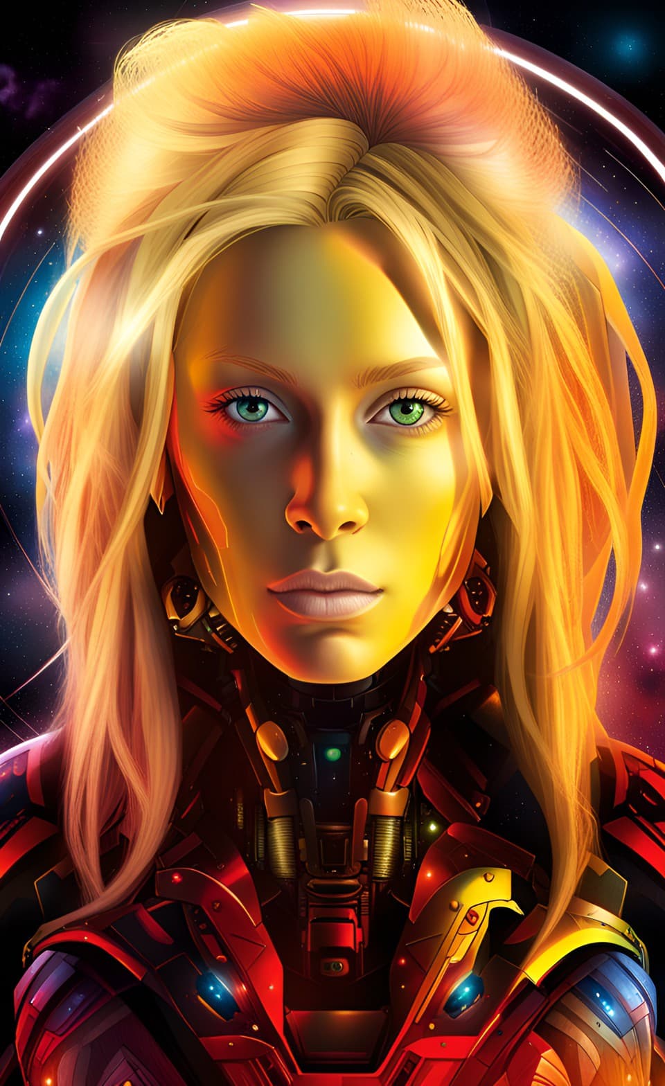 AI generated: A portrait of an Artificial Superintelligence, synthetic humanoid android, in a Fallout, bright vivi...