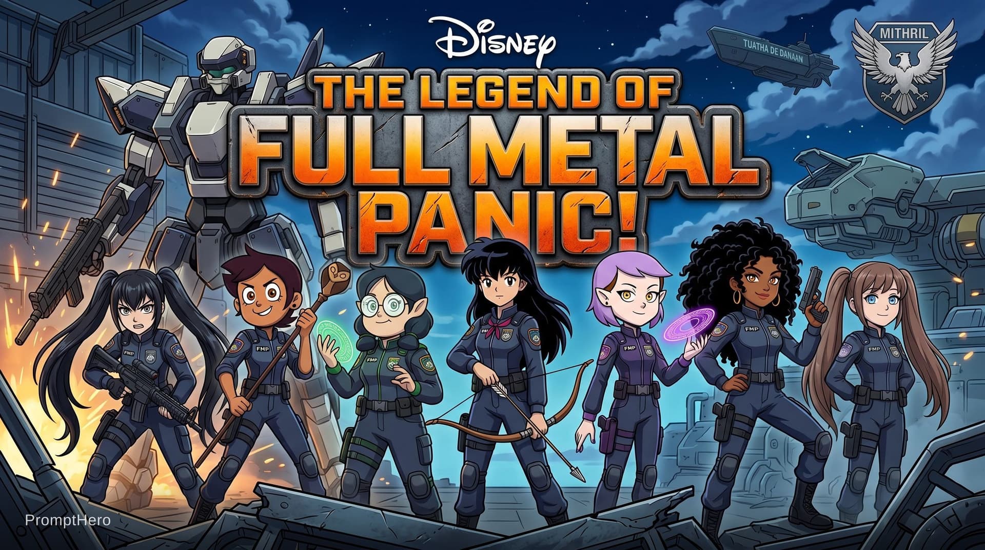 AI generated: Disney The Legend of Full Metal Panic! logo, featuring a teenage girl Pinkalicious Pinkerton with a ...