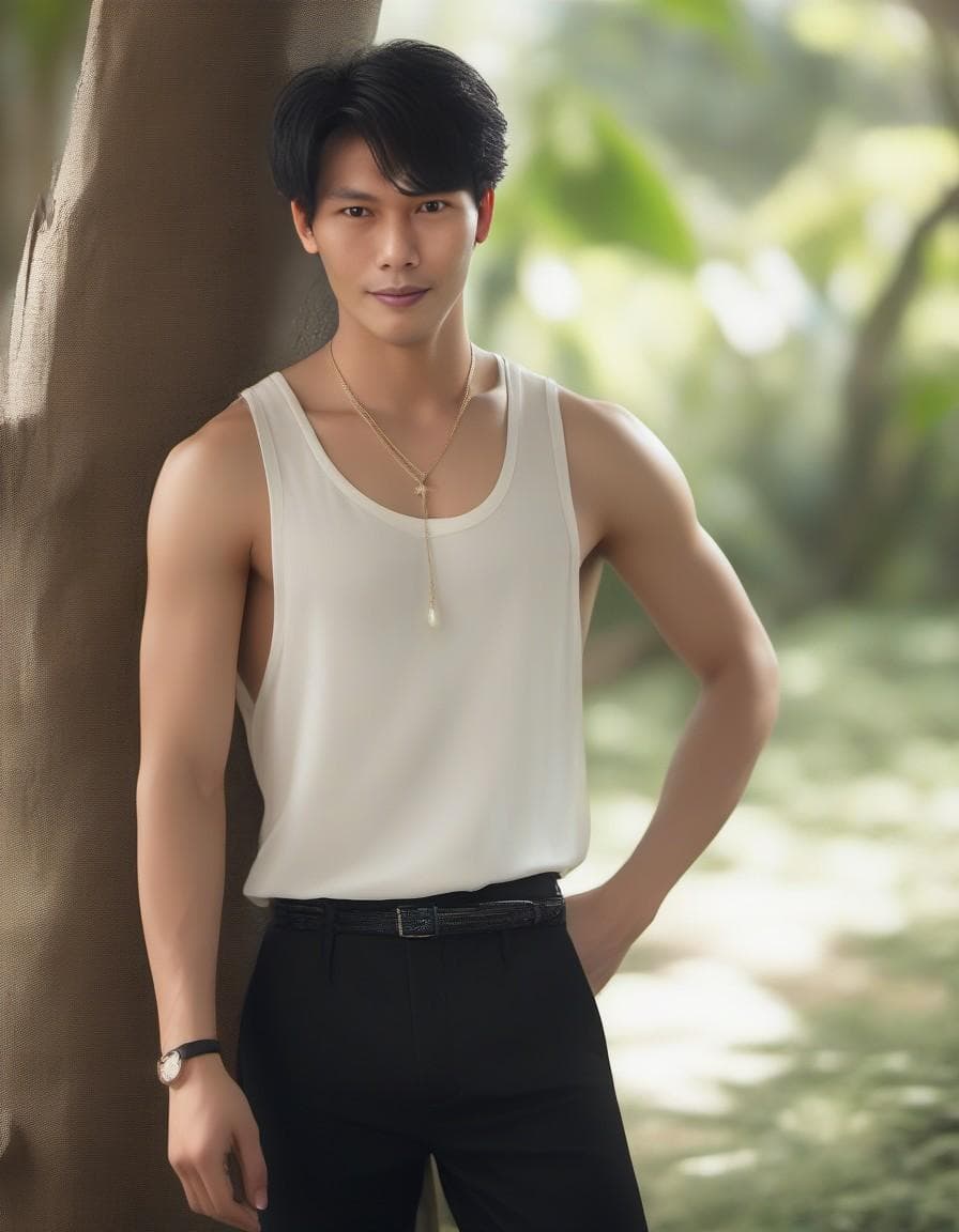 AI generated: a gorgeous men with delicate features, full body, sliver big eyes, pale white skin, Gauze skirt, sle...