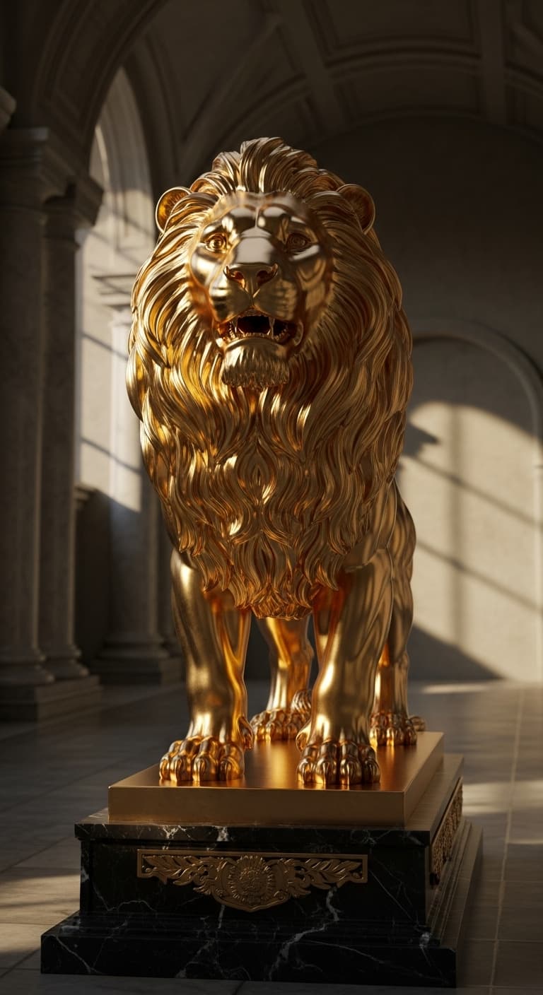 AI generated: 3D render of a gold lion statue, sun rays brighten the huge empty room, its classy yet intriguing.