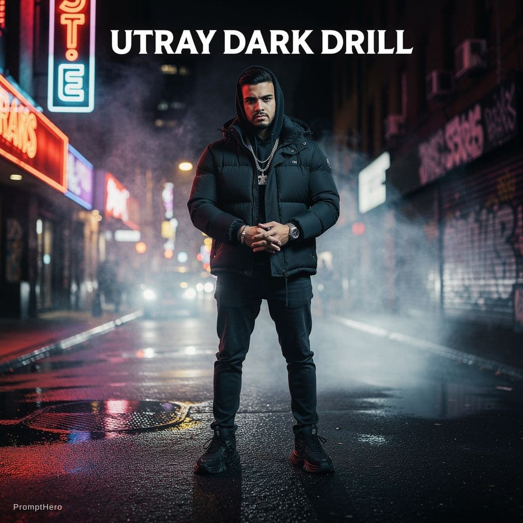 AI generated: Dark drill rap album cover, young rapper standing in a night city street, neon lights, smoke atmosph...