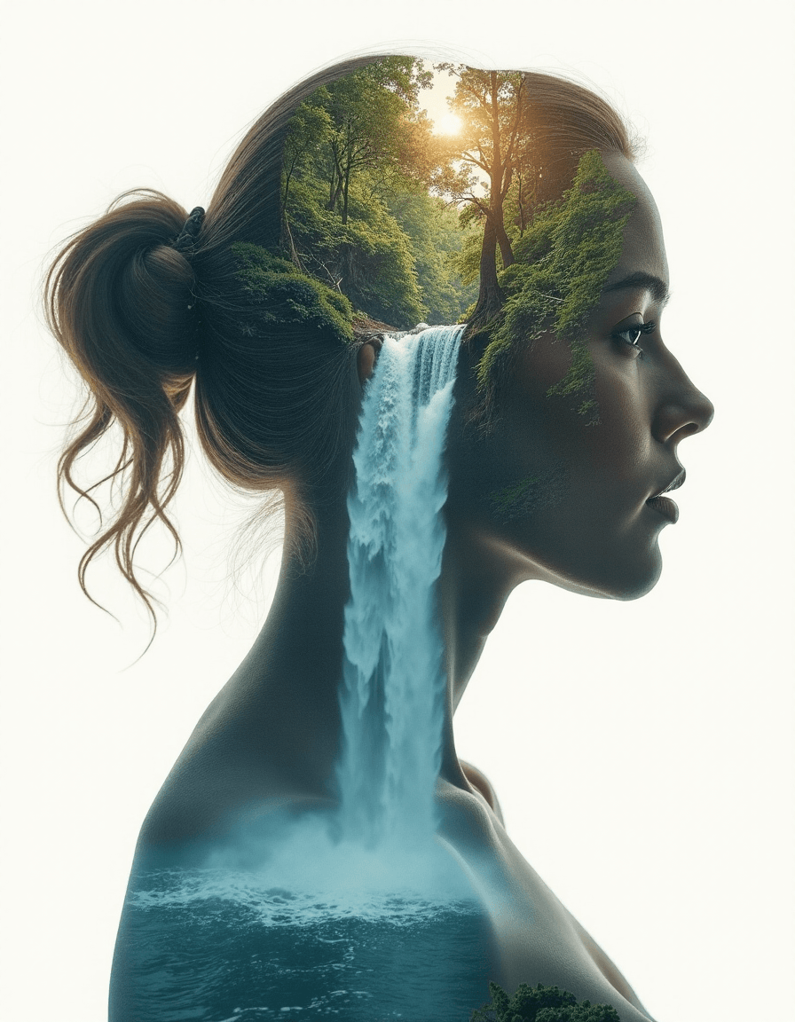 AI generated: [Abstract style waterfalls, wildlife] inside the silhouette of a [woman]âs head that is a double e...