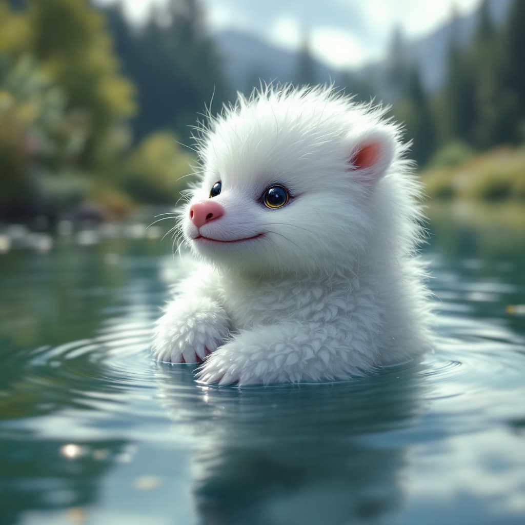 AI generated: crea un perrito peludo de color blanco en la orilla de un lago con 3 patitos y su mamá dentro del mi...