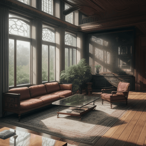 AI generated: High resolution photography interior design, dreamy sunken living room conversation pit, wooden floo...