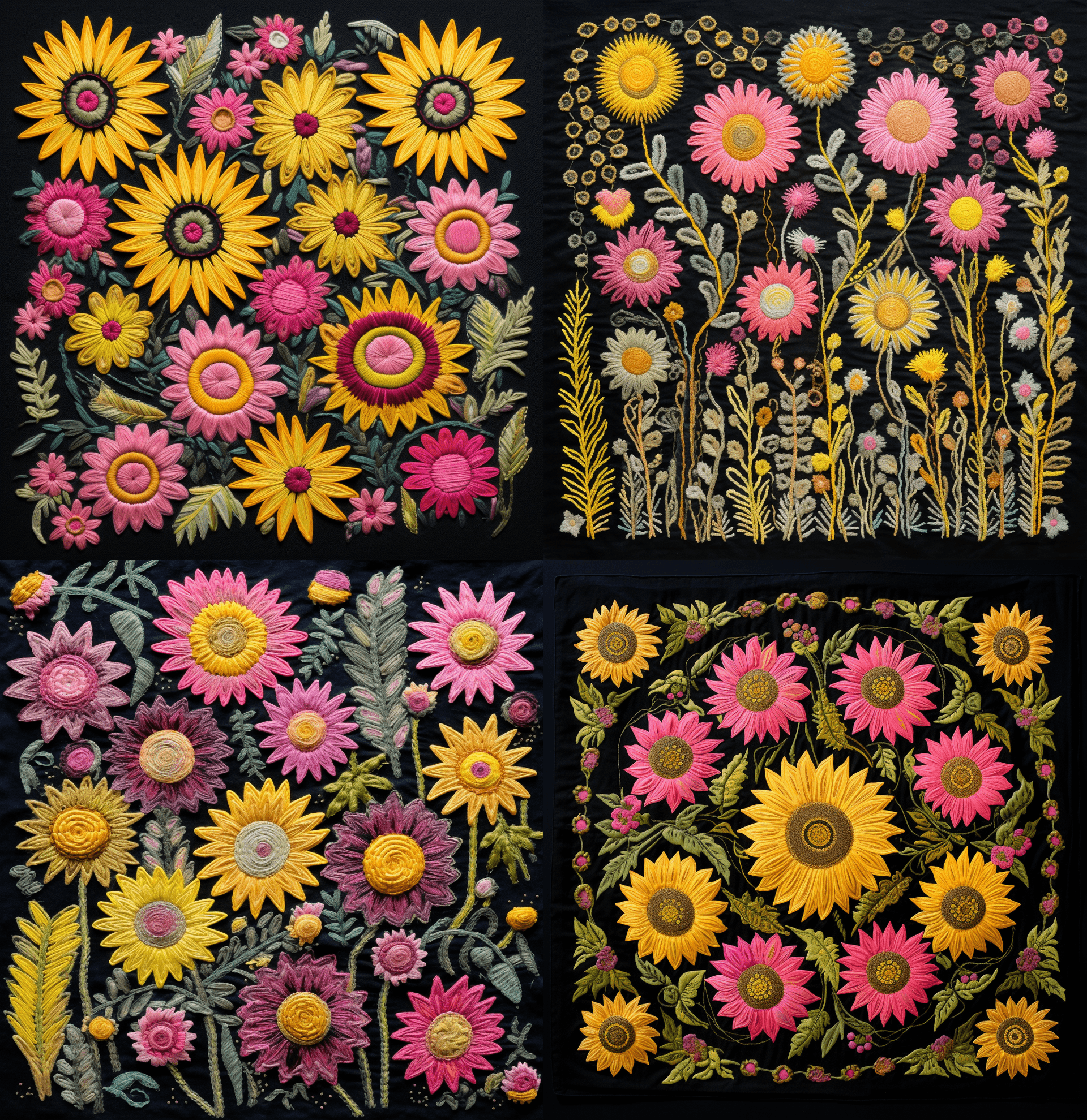 AI generated: Flat view, top view, textured embroidered painting of pink and yellow sunflowers on a black backgrou...
