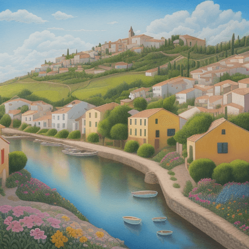 AI generated: Enchantingly beautiful summer landscape of a Spanish village with houses, flowers on the foreground,...