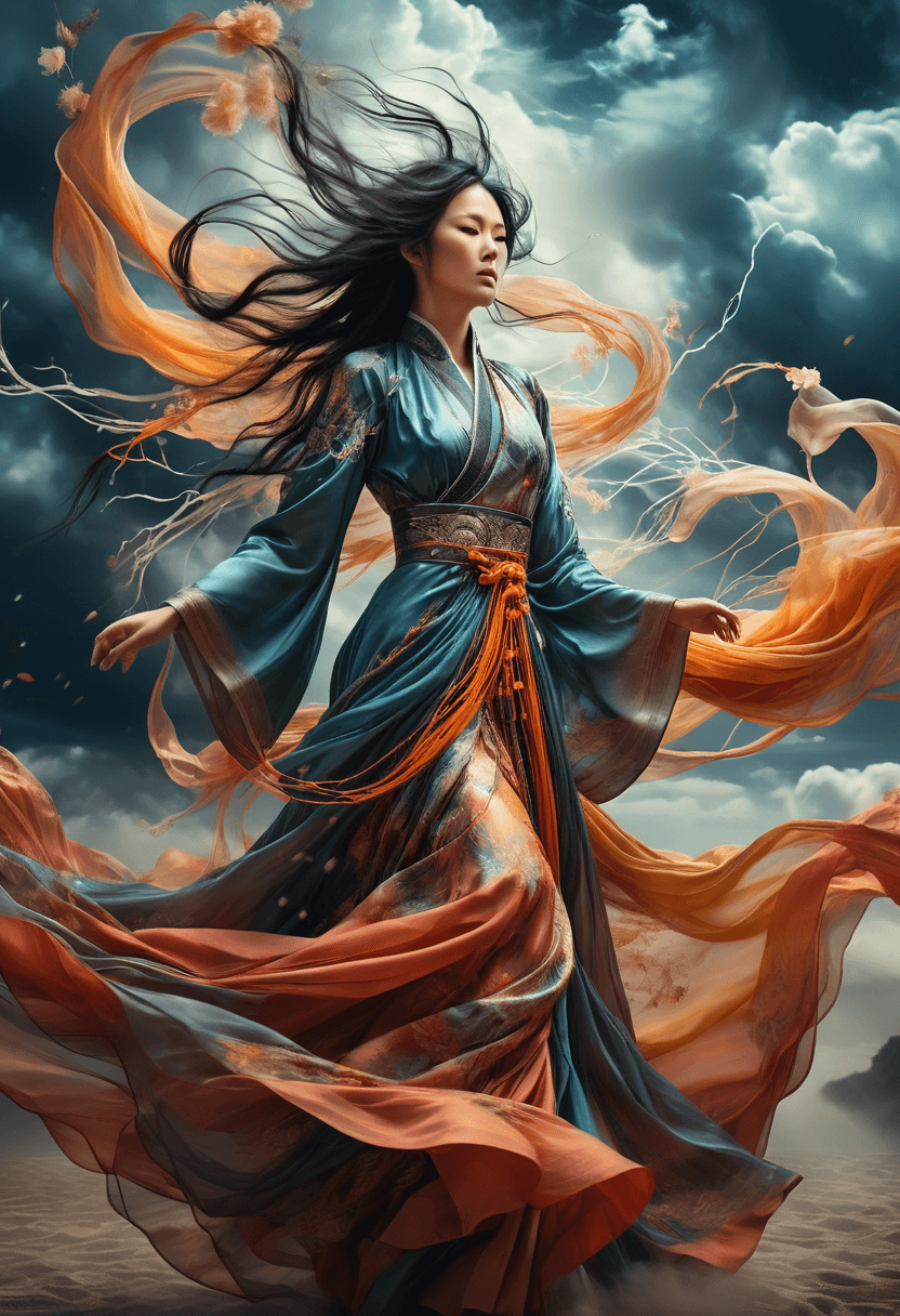 AI generated: dreamscape an Asian woman in a gorgeously detailed dress with flowing fabrics blowing in the wind in...
