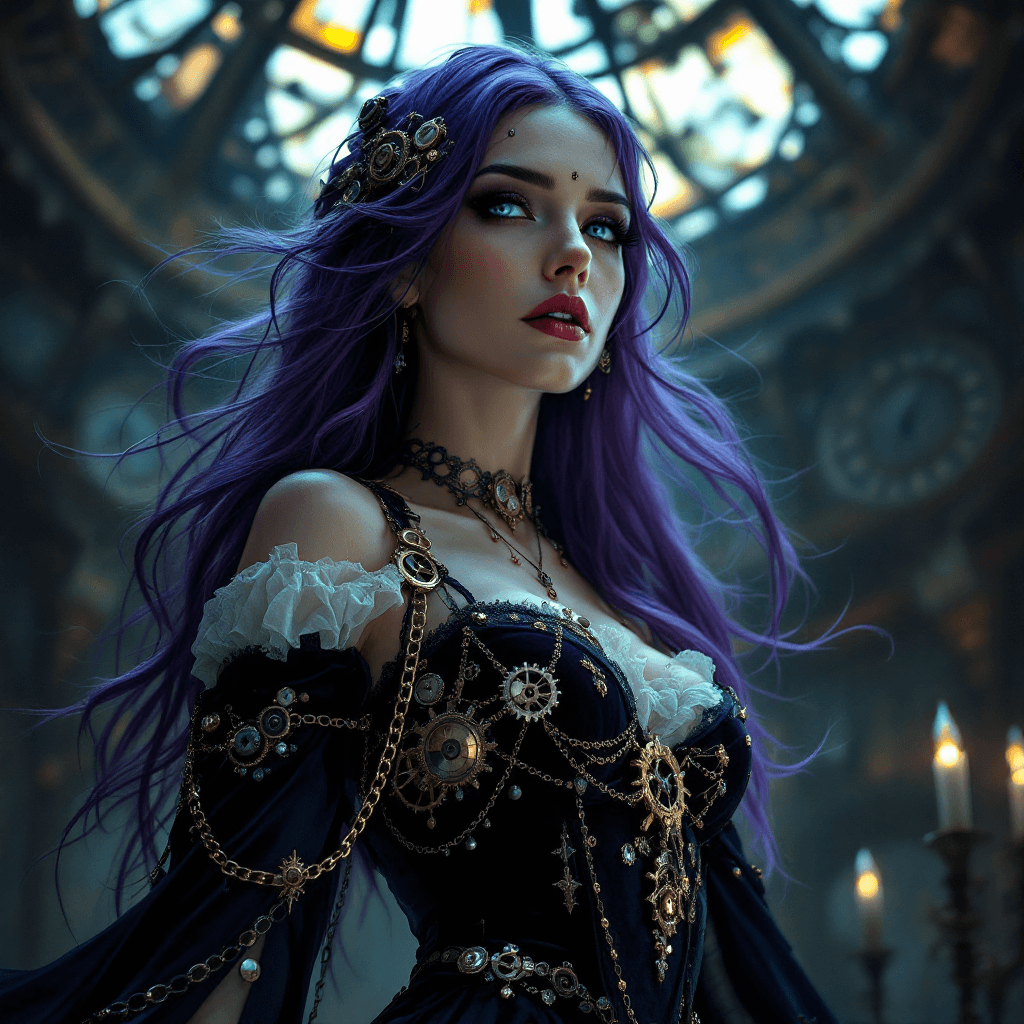 AI generated: The Clockwork Sorceress: A mysterious woman with long, flowing, violet hair that seems to shift with...