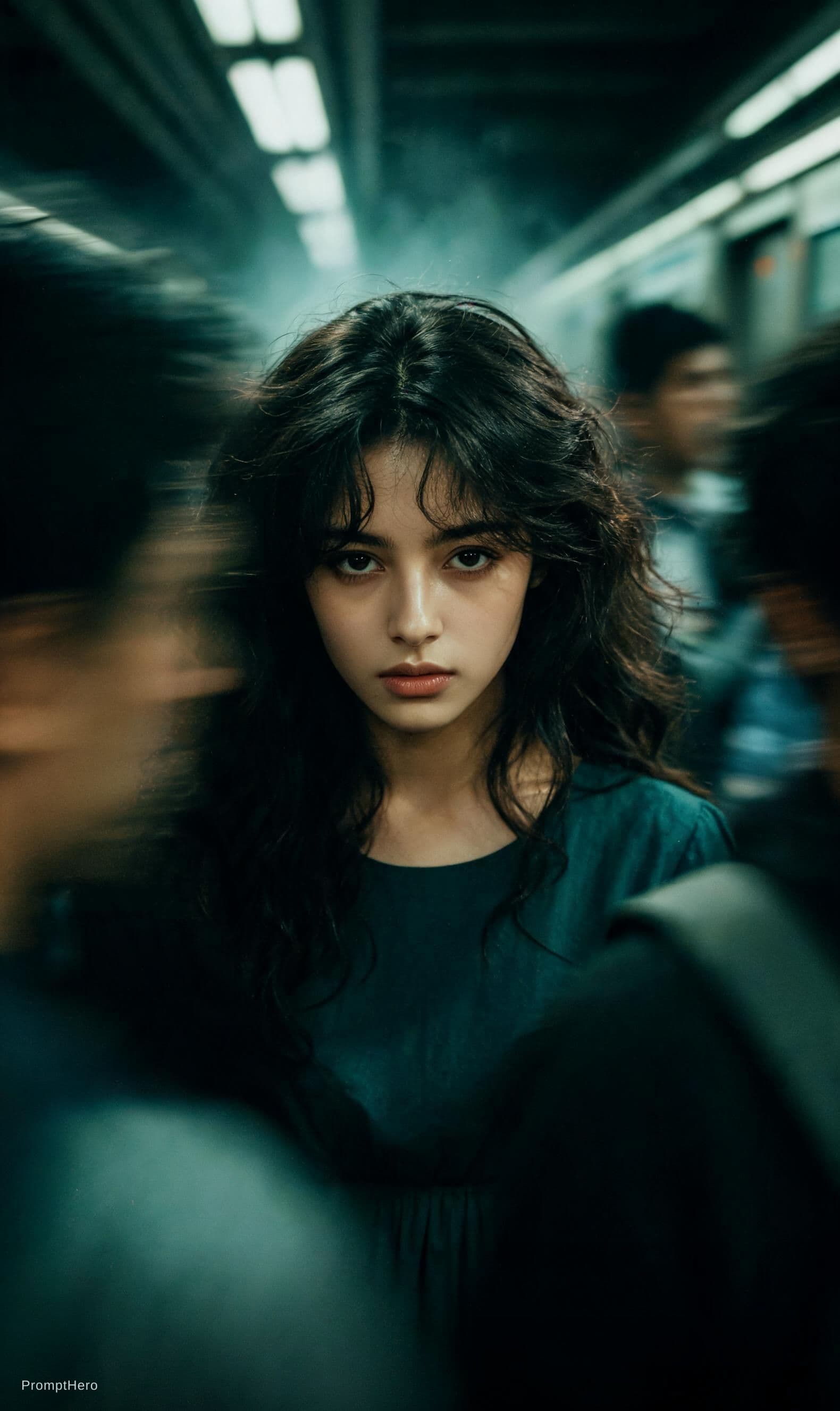 AI generated: Cinematic editorial portrait of a young women in her early twenties standing motionless at the
cente...