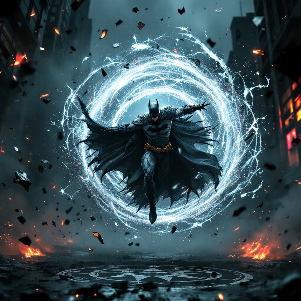 AI generated: Demonic Batman with dark aura around, agressively spinning around in circle with his claws creating ...