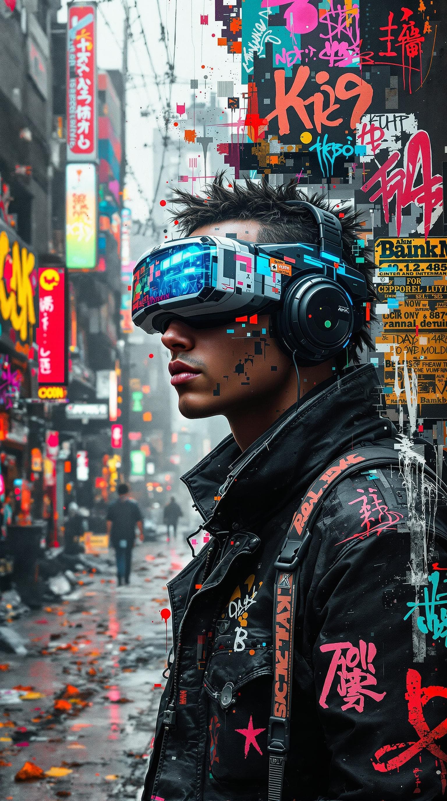 AI generated: Portrait of a futuristic cyberpunk street artist, centered, enhanced with augmented reality tech, in...