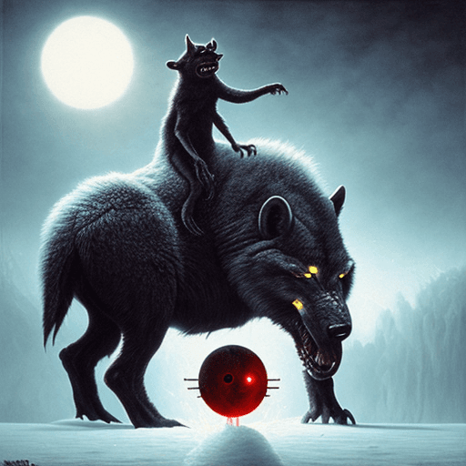 AI generated: Starvation black monster wolves with red eyes, fight in the ice age Scenery, : concept art::1 cyberp...