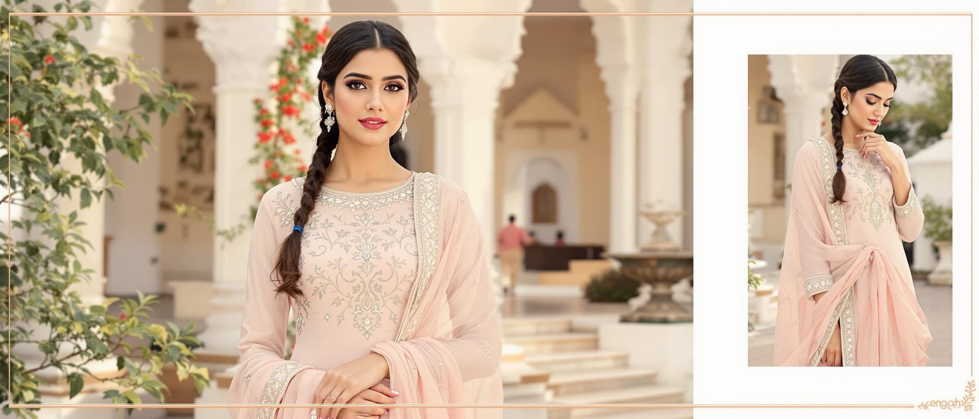 AI generated: A woman in a light pink salwar kameez with delicate silver embroidery on the bodice and neckline. Th...