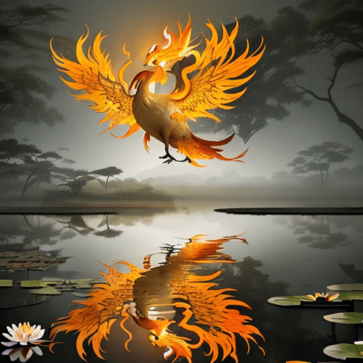 AI generated: A serene Asian woodland mud pond, surrounded by dense trees and enveloped in ethereal fog. In the mi...