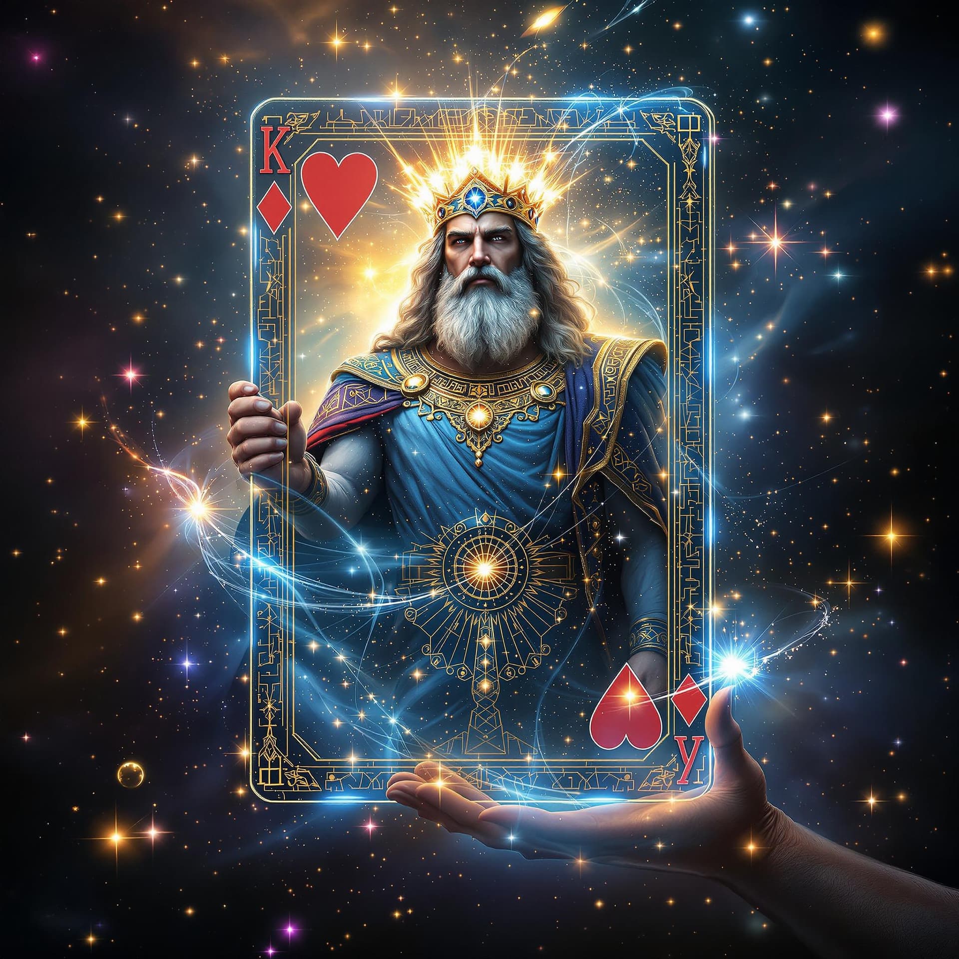 AI generated: The Zeus King of Hearts card transforms into a 3D hologram that appears to be made of cosmic energy....
