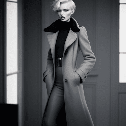 AI generated: fashion editorial photo of a russian short hair supermodel model in grey long coat standing in the h...