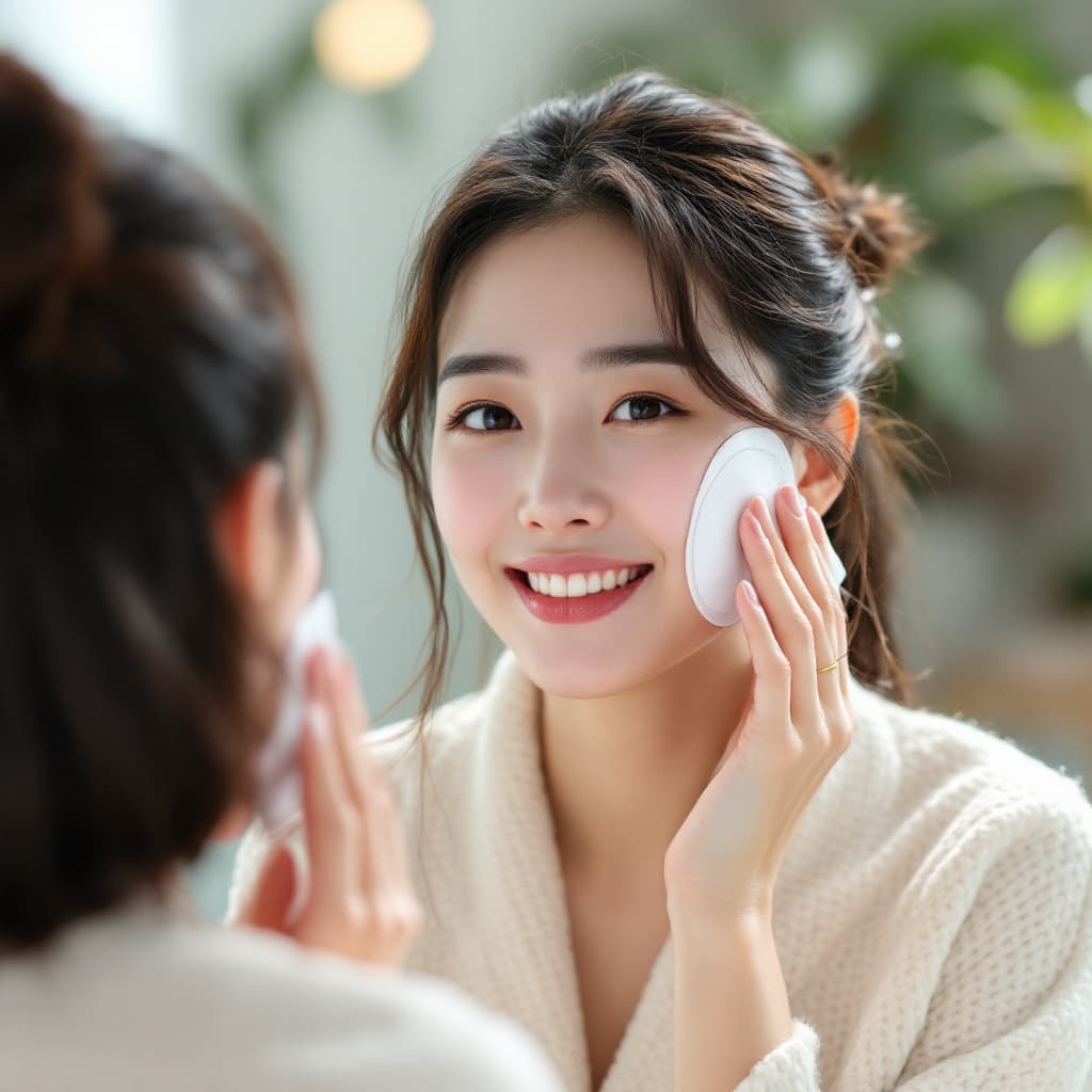 AI generated: korean skincare routine, asian woman is using some skincare pads, realistic, bright image