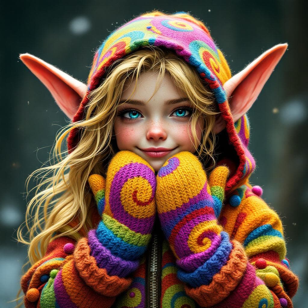 AI generated: A whimsical fantasy elf character with long, wavy blonde hair, large pointed ears, wearing a vibrant...