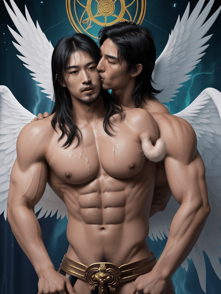 AI generated: a ((tarot card)) depicting ((an asian Archangel)), as ((one fully bare big muscular male beast)), fu...