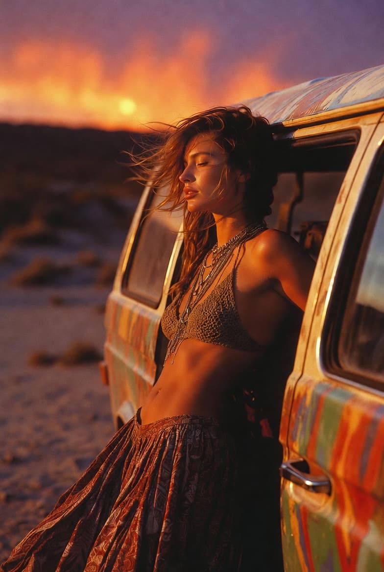 AI generated: A grainy, golden-hour documentary captures a tall woman with sandy-brown hair cascading in loose wav...