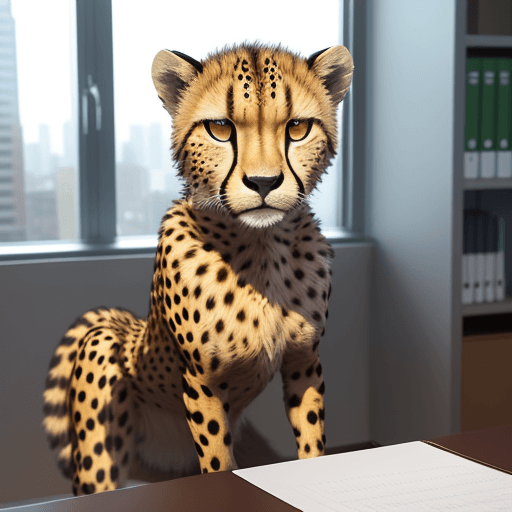 AI generated: cheetah in the office, teaching, foto, real
