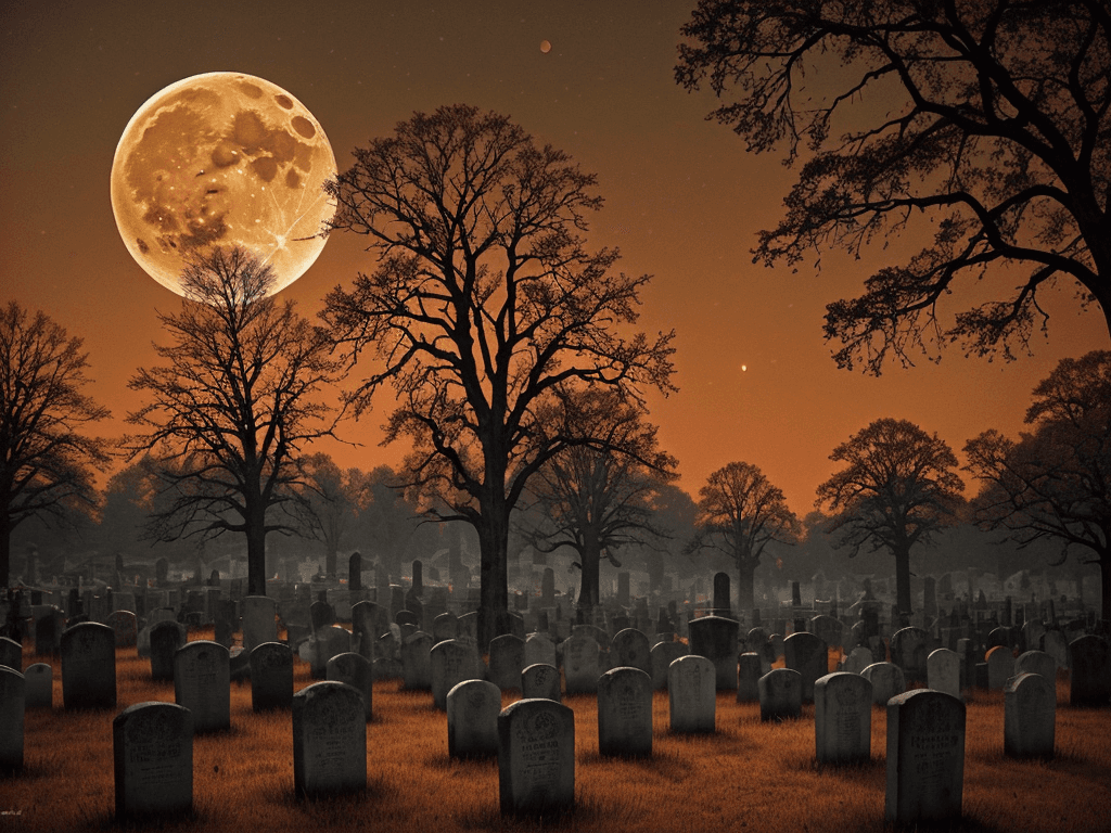AI generated: A haunting graveyard scene, with a full moon casting an eerie, orange-yellow glow over the tombstone...