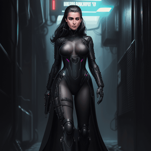 AI generated: hyperrealistic and detailed full-length portrait of gorgeous woman| black combat uniform| in dark ne...