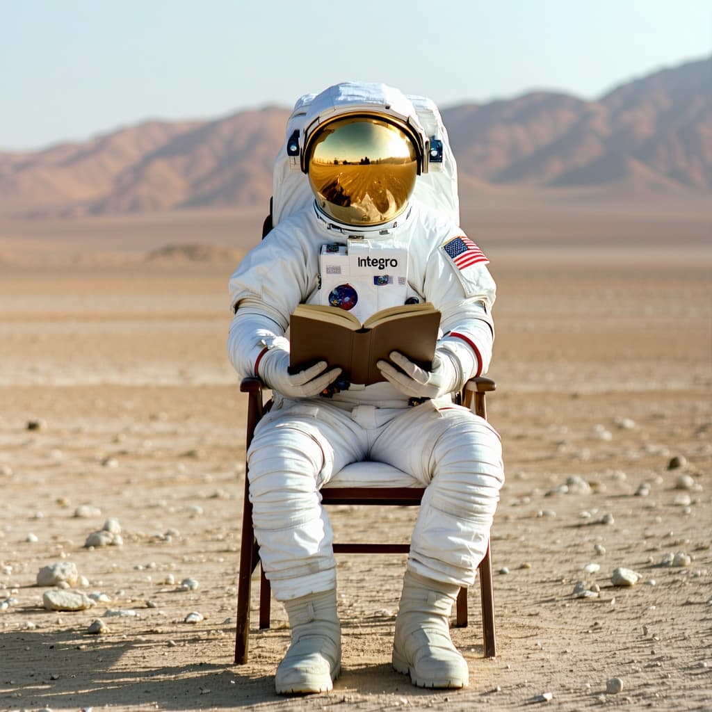 AI generated: An astronaut sitting in a chair in the middle of a desert with a ‘helmet with antenna’. He is readin...