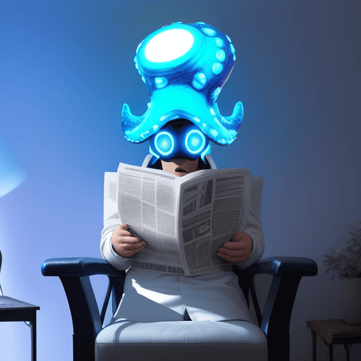 AI generated: blue octopus ::1 reading the newspaper sit on a chair, white lights, white tones, white wall, mirror...