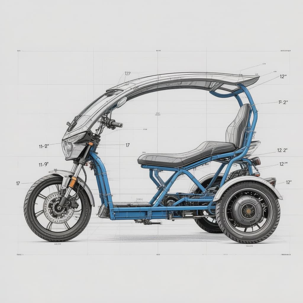 AI generated: Industrial design technical drawing, side profile view of an electric 3-wheel scooter (trike) in tan...