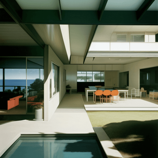 AI generated: Hyper realistic eye level exterior photo of a mid century modern style house overlooking the ocean, ...
