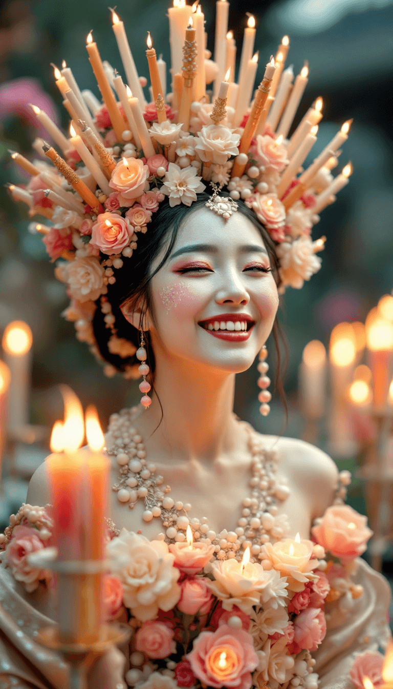 AI generated: candid closeup photo of a giggling eccentric japanese candle queen wearing a dress made of candles, ...