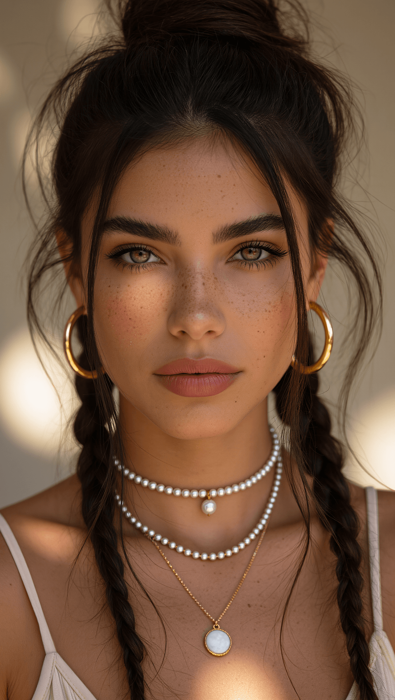 AI generated: Ultra-realistic portrait photography of a stunning young woman with warm tan skin, natural freckles ...