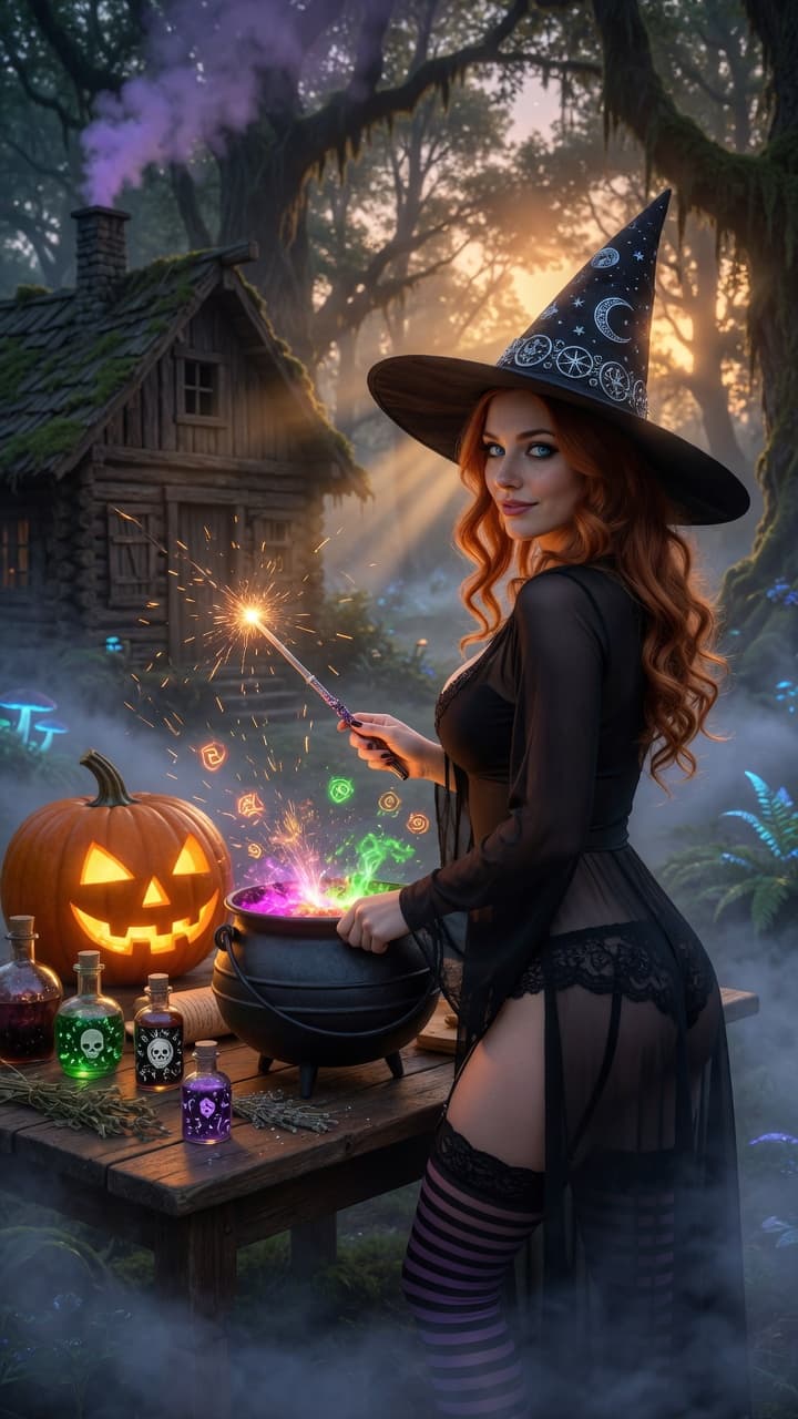 AI generated: A highly detailed cinematic fantasy scene in a misty enchanted forest at dusk, beautiful young witch...