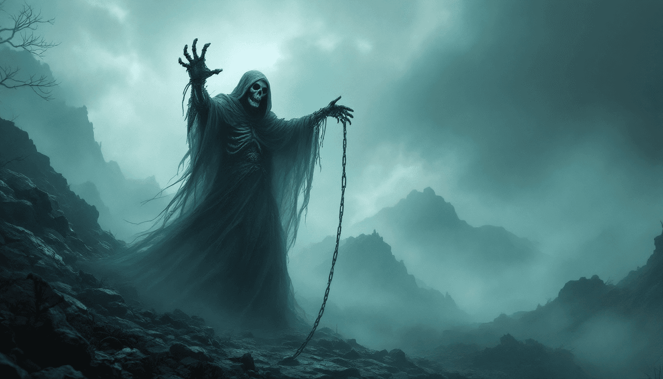 AI generated: From the mist he rises, a skeletal hand
Death's embrace, in this forsaken land
Chains of fate, they ...