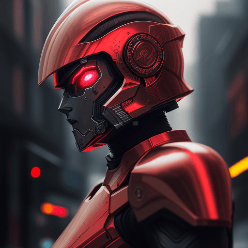 AI generated: android with metallic advanced armor, weaponry, and helmet, neon red, street, overcast, reflection m...