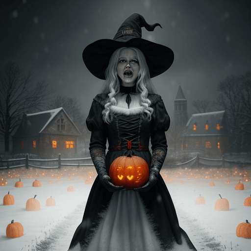 AI generated: the haunting image of a witch in a snow covered field, surround by Christmas presnts and blood pumpk...