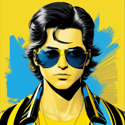 AI generated: an illustration of a boy wearing sunglasses, in the style of mike deodato, bold and colorful graphic...