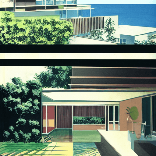 AI generated: hyper realistic eye level exterior photo of a mid century modern style house overlooking the ocean, ...