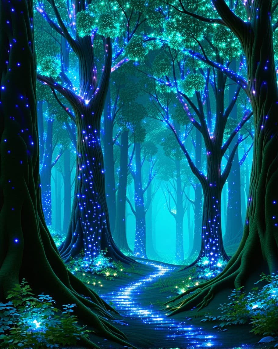 AI generated: "A surreal glowing forest with bioluminescent trees, vibrant colorful plants, and a mystical atmosph...