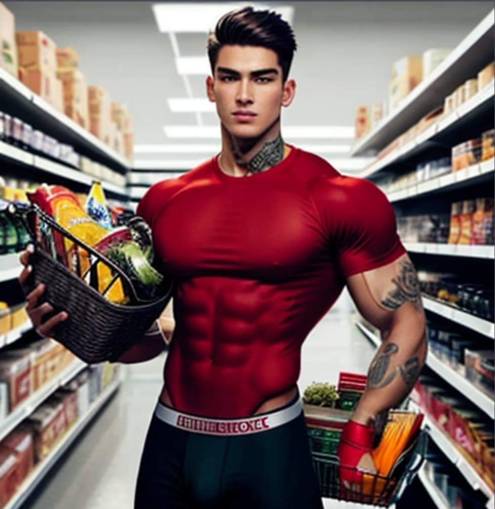 AI generated: A teen looking at a shelf and has something in his hand in a store while holding a  big basket full ...