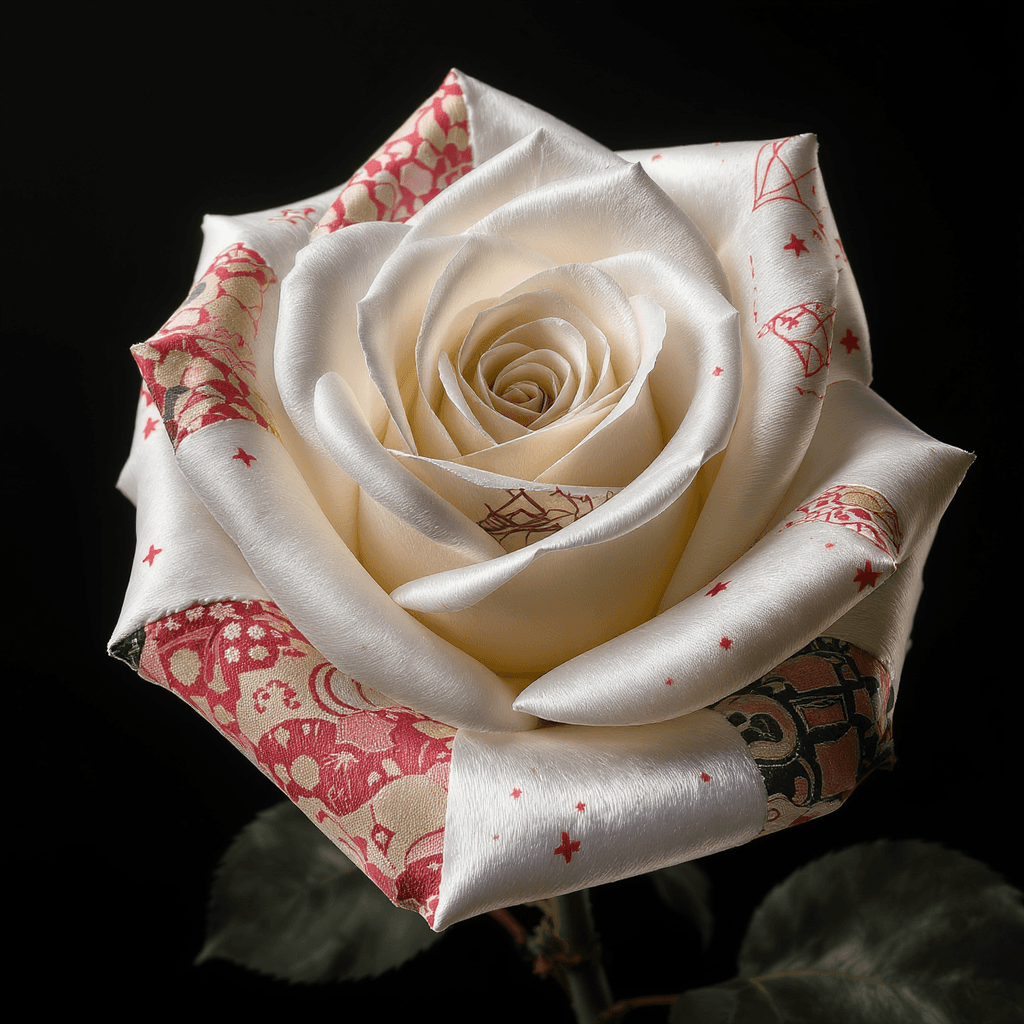 AI generated:  a work of art  in a  glossy satin silk fabric white rose  in 3d, each petals are  made of contrasti...