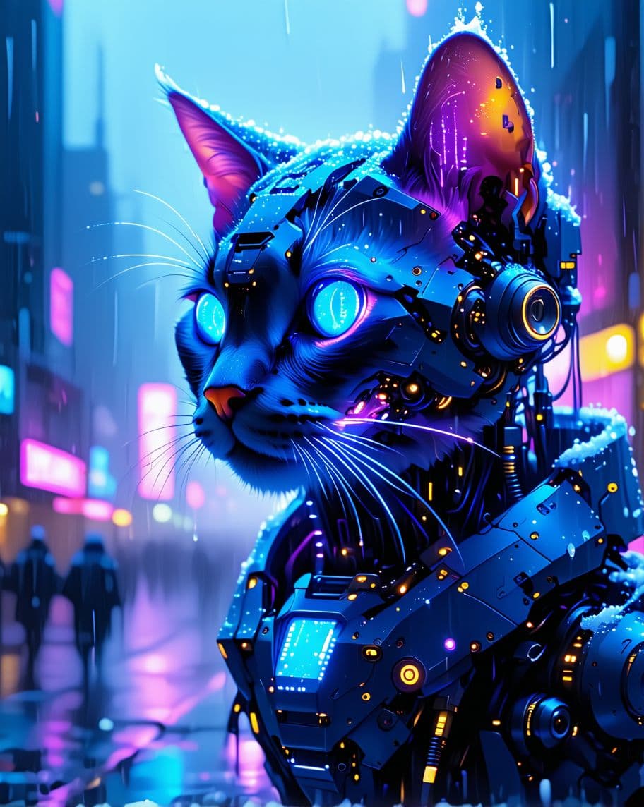 AI generated: "A futuristic cyberpunk cat with neon blue and purple glowing fur, intricate mechanical eyes reflect...