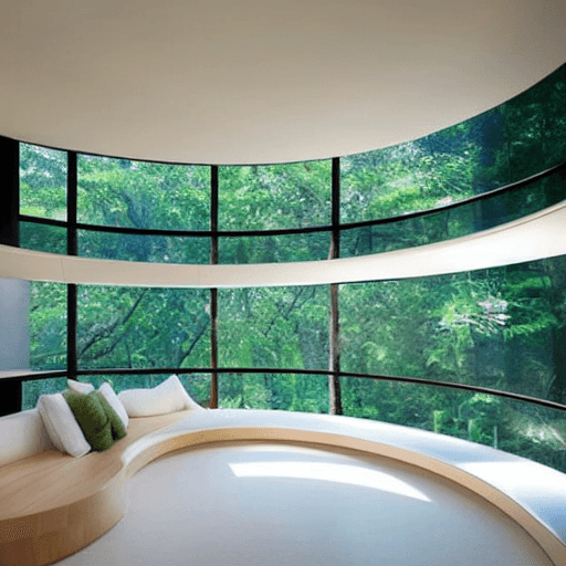 AI generated: futuristic curved room for meditation, sleek organically shaped interior design, peaceful, minimalis...