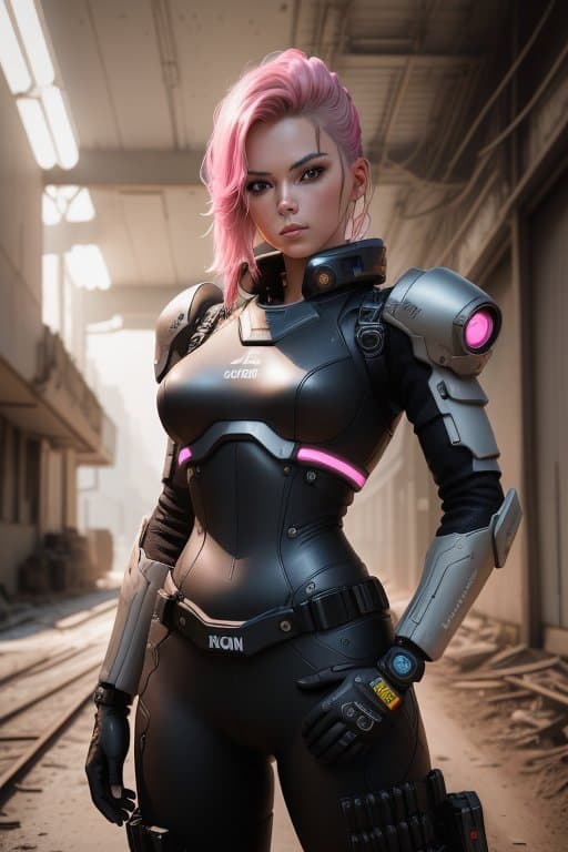 AI generated: an analog style picture of a postapocalypse swpunk synthwave style female cyborgdiffusion killing ma...